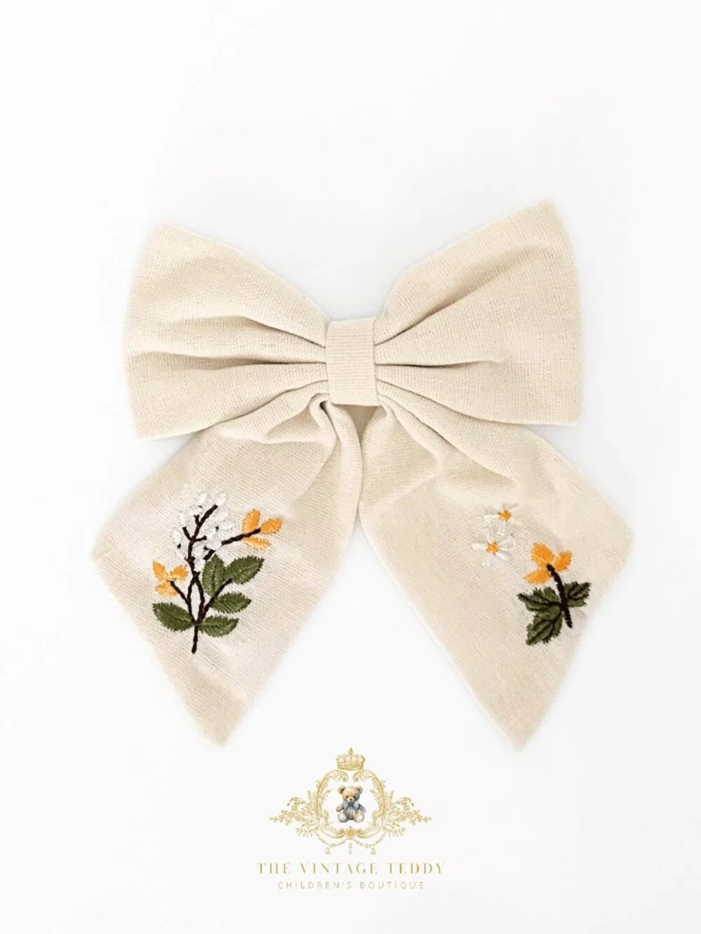 NWT Lovely Girls Embroidered Floral Hair Bow Clip-On Kids Hair Accessory Cream